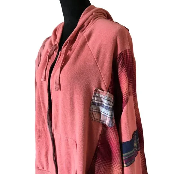 Coral Patchwork Upcycled Hoodie, Size M-L: Boho Cottagecore Zip-Up Jacket - Picture 10 of 15
